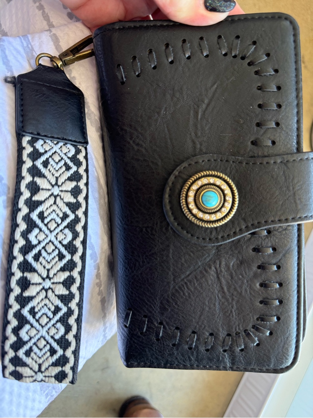 Black Leather-Look Wristlet Wallet with Turquoise Accent